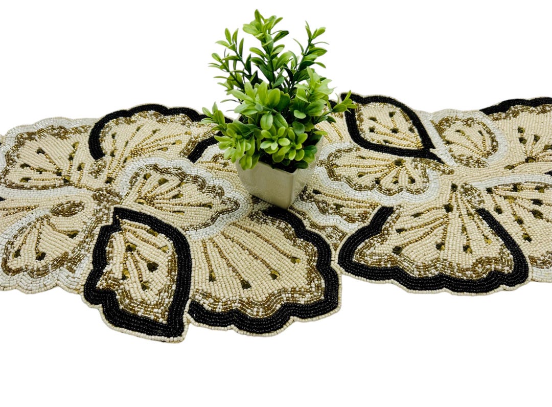Handmade Beaded Cream and Black Table Runner - Etsy