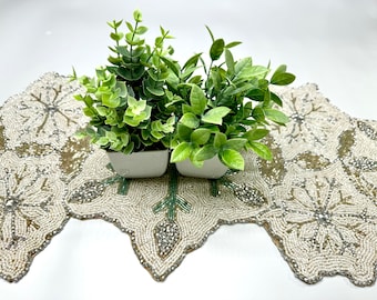 Handmade beaded cream and aqua green table runner