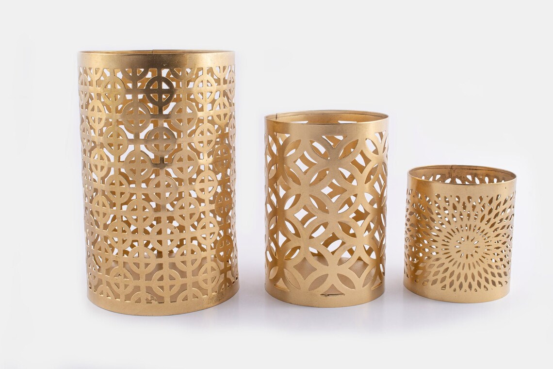 Gold Metal Hurricane Candle Holders set of 3 Etsy