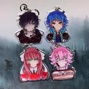 May include: Four anime-style acrylic keychains featuring characters with various hair colors and designs. Each keychain has a silver keyring attached. The characters have blood-like markings on their faces and clothing.