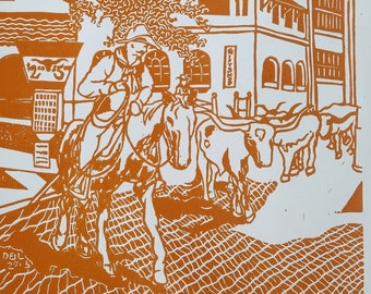 Fort Worth Stockyards Cattle Drive Varied Edition Linocut Print by Artist Leslie Deil