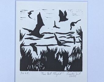 Frio Bat Flight - Open Edition Linocut Print by Artist Leslie Deil