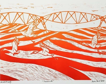 The Transients - Linocut featuring Sand Hill Cranes by Leslie Deil