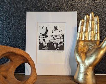 Bat Linocut Print - Mexican Free-Tailed Bats Art: "Frio Bat Flight" by Artist Leslie Deil
