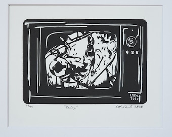 Vertex - A linocut print of a television showing the first moon landing by Leslie Deil.