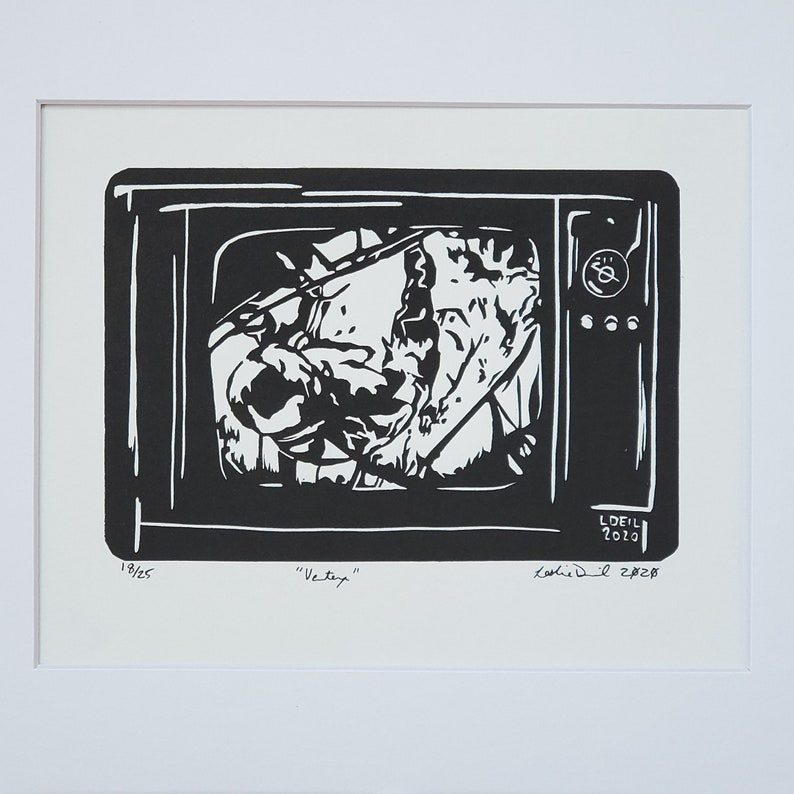 Vertex - A linocut relief print by Artist Leslie Deil of a television showing the first moon landing with black ink on white paper. Captures the moment Neil Armstrong descended to the surface of the moon.