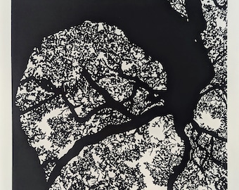 Black Ink Tree Linocut Print: "Live Oak Study #1" by Leslie Deil