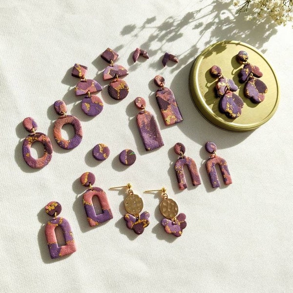 Tuscany Sunset Clay Earring Collection | Elegant Dangle Earrings| Pink and Purple Clay Earrings| Multi Color Gold Earrings| Textured Earring