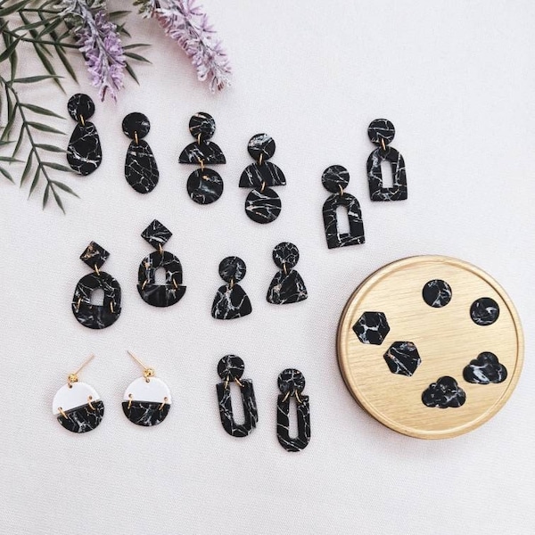 Handmade Black Marble Clay Earrings |Marble Stone Jewelry |Neutral Clay Earrings| Classy Earrings | Gold Accent Earrings | Simple Studs