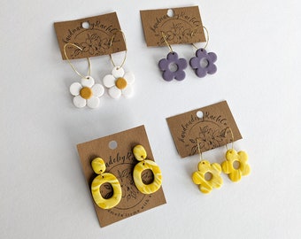 Handmade Daisy Clay Hoop Earrings|Yellow Marble Hoops|Spring Clay Earrings|Purple Floral Hoops|Gifts for Her|Spring Jewelry|Statement Hoops
