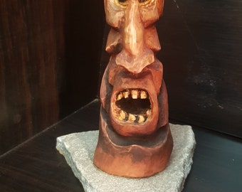 Tree face, wooden sculpture, tiki statue, unique handmade piece, author sculpture