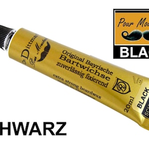 Könnte beinhalten: Eine goldene Tube Bartwachs mit dem Text "Original Bayrische Bartwichse zuverlässig fixierend extra strong beardwax" und "20ml BLACK SCHWARZ".
