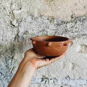 May include: A small, round, terracotta-colored clay bowl featuring a series of evenly spaced, pointed protrusions around its exterior rim. The bowl has a matte, earthy texture and a simple, open design, showcasing a natural, unglazed finish.