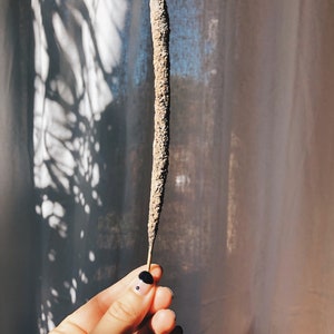 May include: A brown incense stick with a rough texture, held in a hand with black nail polish.