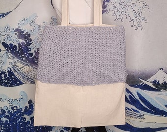 Handmade Calico Large Tote Bag half covered in Silver Crochet