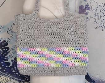 Handmade Crochet Handbag in Grey with Pastel Rainbow Pattern