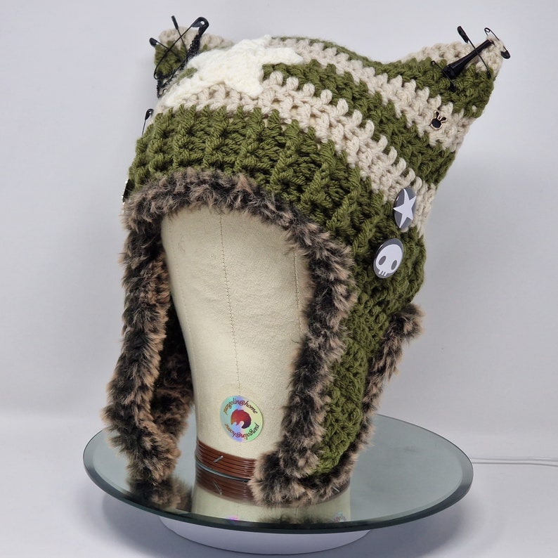 Handmade Crochet Cat Ear Hat in Khaki Green With Beige Stripes With ...