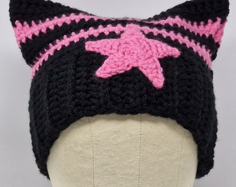 Handmade Crochet Cat Hat, Cat Ear Beanie, Cat Ear Hat in Black and Pink with Star