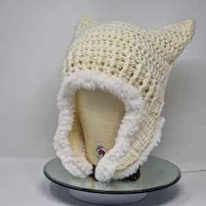 Handmade Crochet Cat Hat, Cat Ear Beanie, Cat Ear Hat in Cream with Furry Ear Flaps