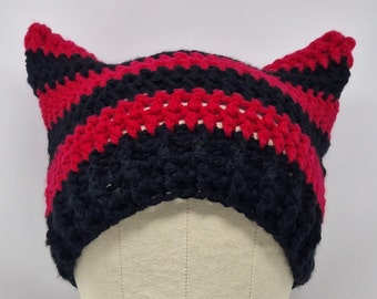 Handmade Crochet Cat Hat, Cat Ear Beanie, Cat Ear Hat in Black and Red