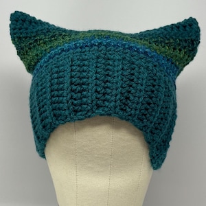 Handmade Crochet Cat Hat, Cat Ear Beanie, Cat Ear Hat in Petrol Blue and Shades of Blue