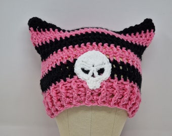 Handmade Crochet Cat Hat, Cat Ear Beanie, Cat Ear Hat in Black and Pink with Skull