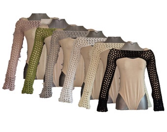 Handmade Crochet Crop Top Jumper, Cropped Sweater, Arm warmer Sleeves, Cover up in Various Colours