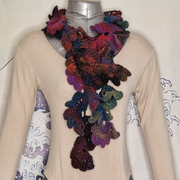 Crochet Skinny Scarf, Ruffles Scarf, Frilly Scarf in Multicolour