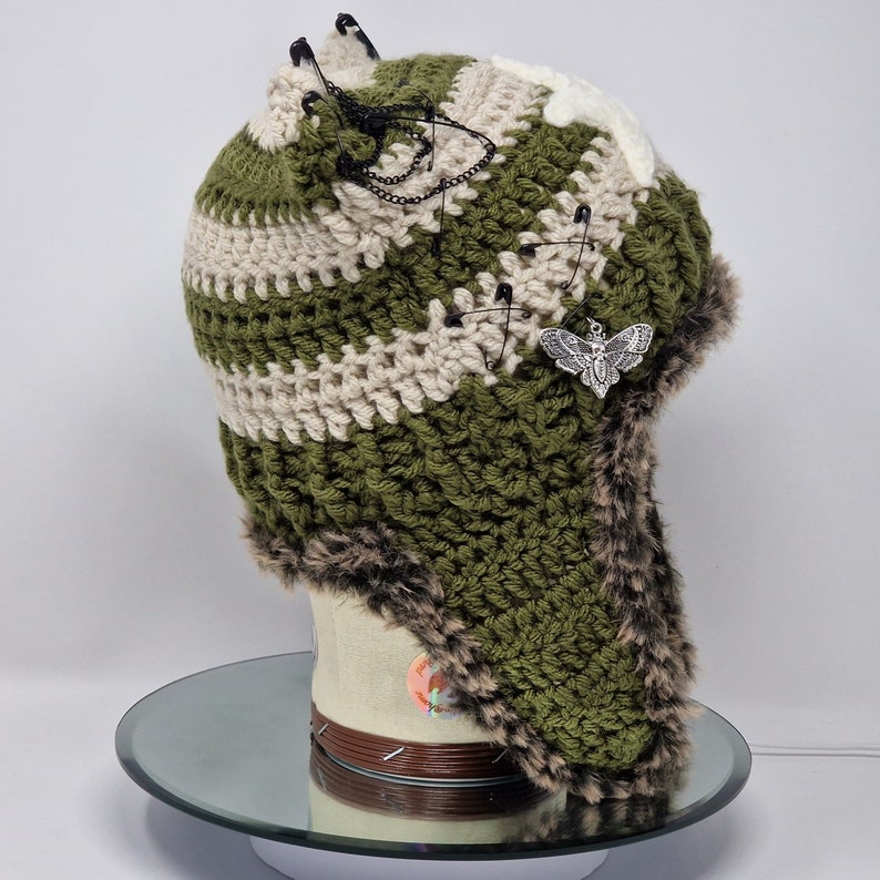 Handmade Crochet Cat Ear Hat in Khaki Green With Beige Stripes With ...