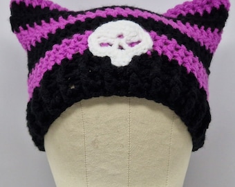 Handmade Crochet Cat Hat, Cat Ear Beanie, Cat Ear Hat in Black and Purple with Skull