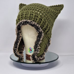 Handmade Crochet Cat Hat, Cat Ear Beanie, Cat Ear Hat in Khaki Green with Furry Ear Flaps