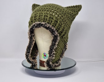 Handmade Crochet Cat Hat, Cat Ear Beanie, Cat Ear Hat in Khaki Green with Furry Ear Flaps