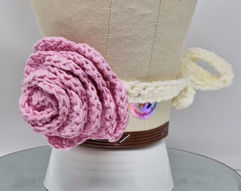 Handmade Crochet Neck Choker or Corsage in Cream with Pink Rose