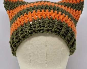 Chapeau de chat au crochet fait main, bonnet à oreilles de chat, chapeau à oreilles de chat en orange et vert