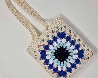 Handmade Evil Eye Crochet Tote Bag with Floral Lining | Small Cotton Tote