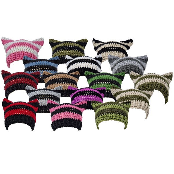 Handmade Crochet Cat Hat, Cat Ear Beanie, Cat Ear Hat in Stripes of Various Colours