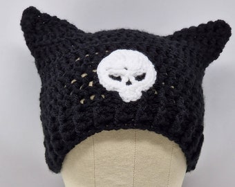 Handmade Crochet Cat Hat, Cat Ear Beanie, Cat Ear Hat in Black with White Skull