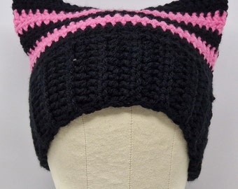 Handmade Crochet Cat Hat, Cat Ear Beanie, Cat Ear Hat in Black with Pink Stripes