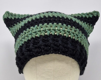 Handmade Crochet Cat Hat, Cat Ear Beanie, Cat Ear Hat in Black and Green