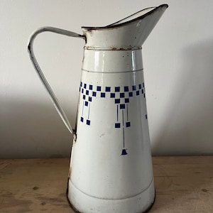 Vintage French blue white Art Deco painted enamel water pitcher jug vase can kitchen garden decor flowers planter