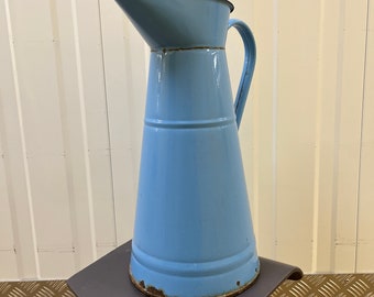 French blue enamel water pitcher jug vase can kitchen garden decor flowers planter