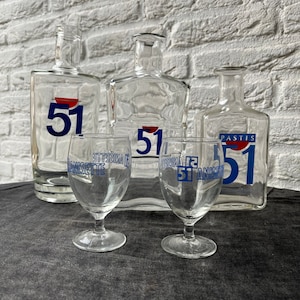 Vintage French Pastis 51 Glass Carafe, Glasses Set or Individual, iconic bar drink retro anisette pastis barware vase