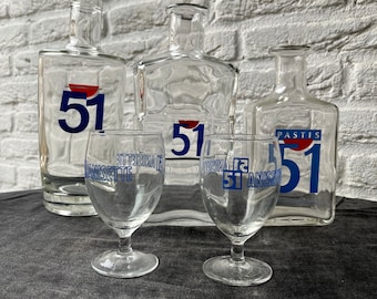 Vintage französische Pastis 51 Glaskaraffe, Gläser-Set oder einzelne, kultige Bargetränk Retro-Anisette Pastis Barware Vase
