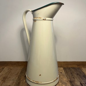 Vintage French cream white enamel water pitcher jug vase can kitchen garden decor flowers planter