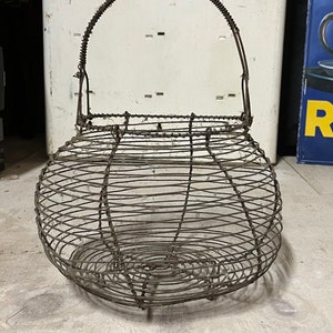 Vintage French metal wire egg basket, farmhouse antiques, country kitchen wall storage, rustic decor interior design, homeware