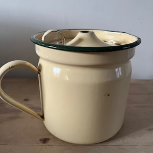 Vintage French cream painted enamel jug vase can kitchen garden decor flowers planter cheese strainer