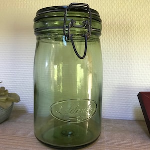 Large Vintage L'IDEALE heavy green 1 liter French preserving jar, thick glass preserving jar