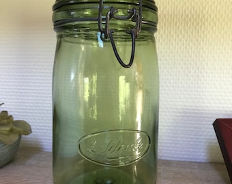 Large Vintage L'IDEALE heavy green 1 liter French preserving jar, thick glass preserving jar