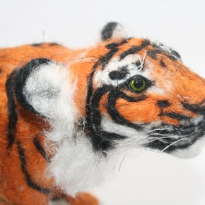 Realistic Sumatran tiger, recycled plastic and plant fibre, needle felted on wire armature, vegan