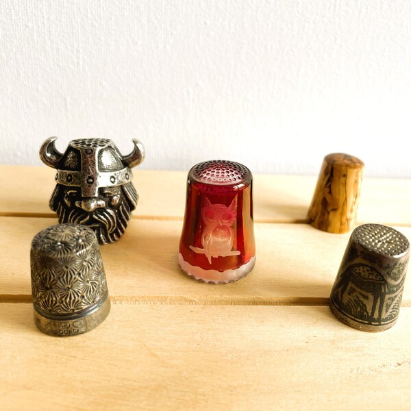 Thimbles Both Vintage and Antique, Pewter Viking, Norway, Venetian Glass Owl, Scottish Heather, Sewing Collectibles, Tailor, Seamstress